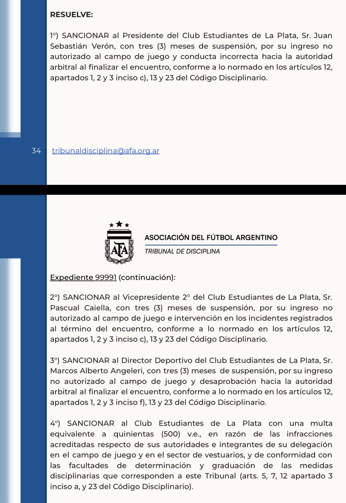 El fallo del Tribunal de Disciplina de la AFA contra Juan Sebastián Verón.